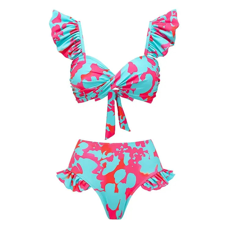 Flaxmaker Summer New Women Sexy Hawaiian Lace Up V Neck Ruffle Swimsuit and Sarong Women Swimwear Set Push Up Bathing Suit