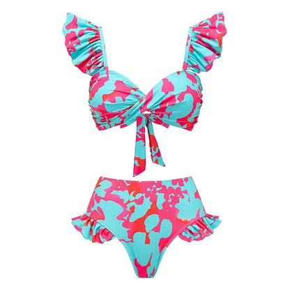 Flaxmaker Summer New Women Sexy Hawaiian Lace Up V Neck Ruffle Swimsuit and Sarong Women Swimwear Set Push Up Bathing Suit