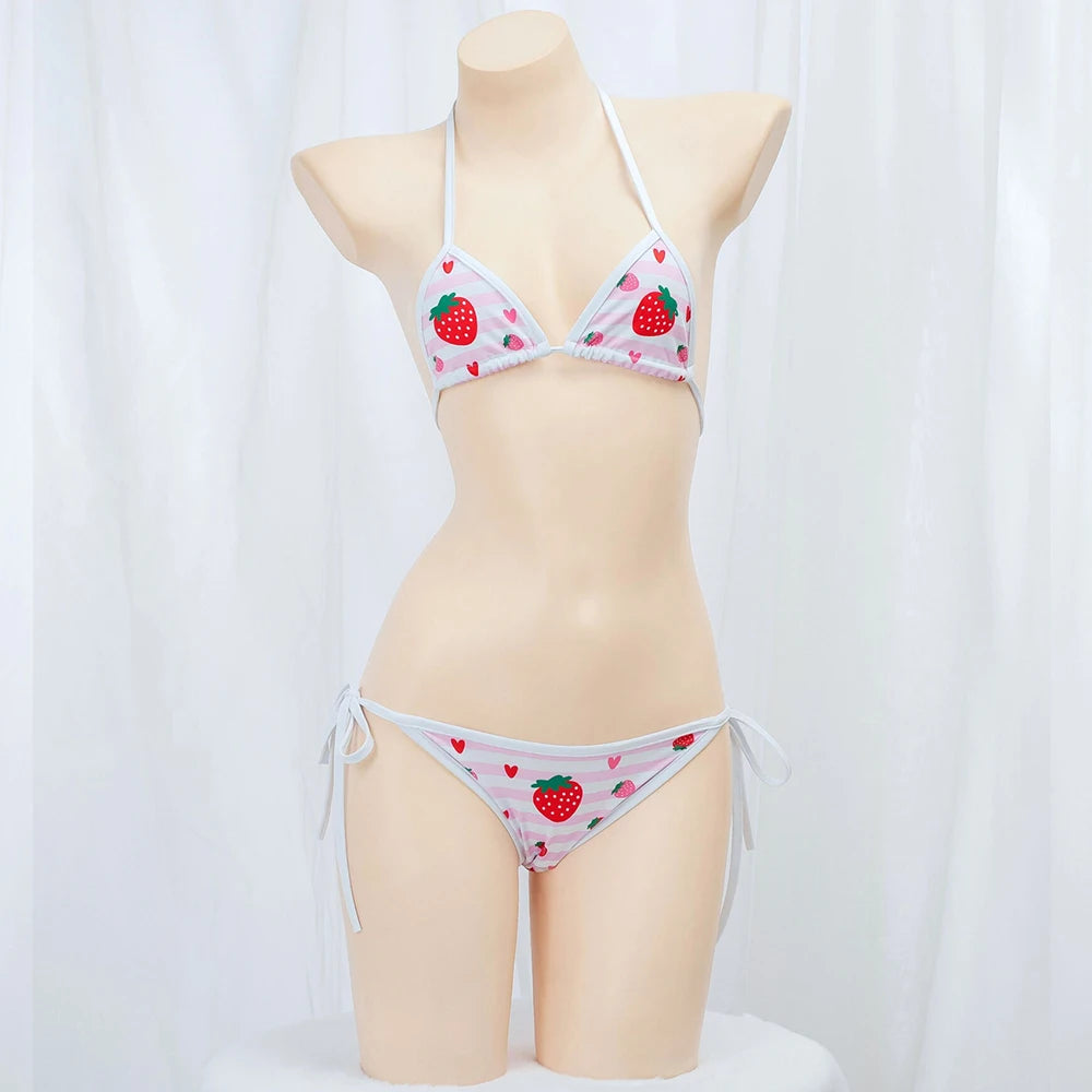 Cute Bikini Swimwear Women 2025 Strawberry Print Girl Lace Up Bathing Suit Low Waist Mini Bikinis Sets Beach Swimsuit