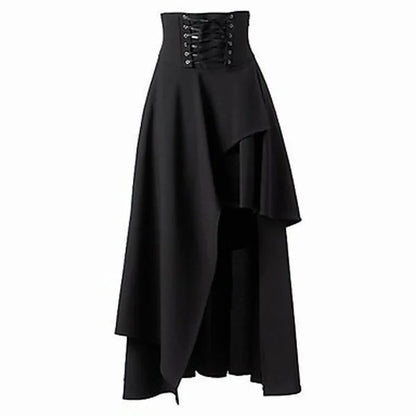 High Low Skirt Gothic Punk Lace Up Cincher Maxi Skirt Rock Hippie Pirate Draped Outfit Halloween Costume For Women