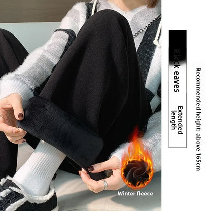 2025Hot Fleece Woman Pants Winter Elastic Waist Warm Leggings Solid Casual Thicken High Waist Straight Comfort Wide Leg Trousers