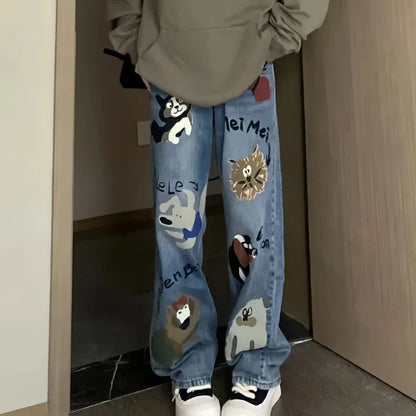 American Style Summer Jeans Women's High Waist Pockets Letter Printing Zipper Washing High Street Casual Wide Leg Straight Pants
