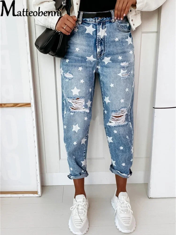 New Autumn Boyfriend Jeans Woman Slim Hole Jeans For Ladies With Five-Pointed Star Ripped Jeans Street Casual Blue Denim Pants