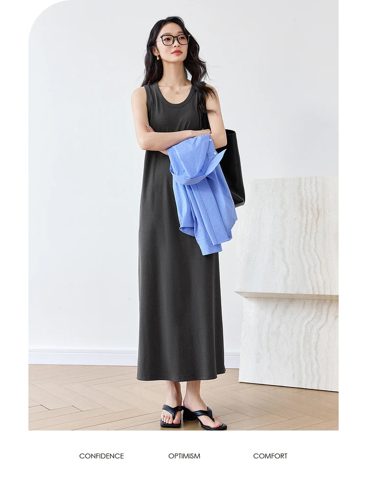 VIMLY Summer Tank Dresses 2025 Woman Simple Gray Cotton Blend Knitted Loose Sleeveless A Line Long Dress Women's Clothing M9852