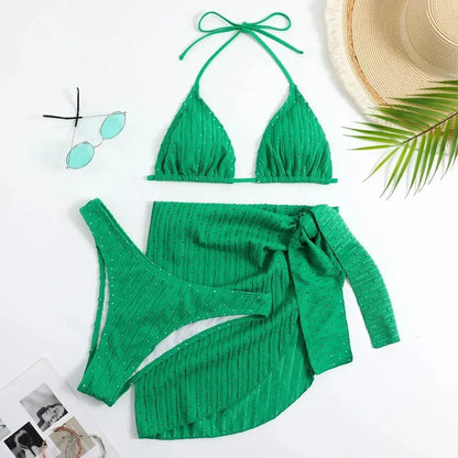 2025 Trendy Women's 3 Piece Halter Bikini Set Sexy Thong Swimsuit Summer Bathing Suit Cover Up Thong Swimwear Biquini Brasileiro
