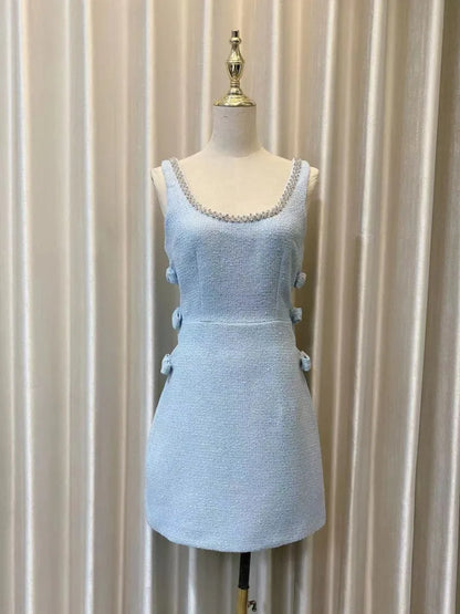 Autumn Winter Sexy Hollow Out Bow Beading Diamonds Chain Short Tweed Dress For Women Sleeveless Quality Prom Evening Dresses