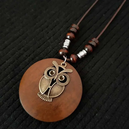 Retro Ethnic Round Wooden Leaf Owl Long Sweater Chain Necklace Women Vintage Clock Pendant Female Jewelry Neck Accessories Gifts