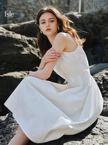 FSLE Women Summer Sleeveless Dress Cotton Long Temperament A-LINE Skirts Short Puff Sleeve Black Dress 24FS12489+24FS12730
