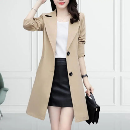 Women Fall Spring Coat Lapel Cardigan Double Buttons Trench Coat Solid Color Mid Length Pockets Business Jacket With Belt