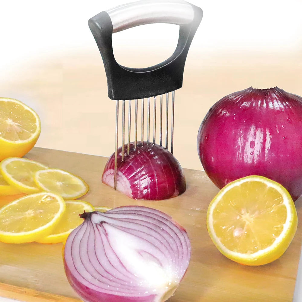 Onion Holder Slicer Cutter - Stainless Steel Vegetable Chopper for Tomato Potato Avocado Eggs Fruit Lemon Meat Kitchen Tool