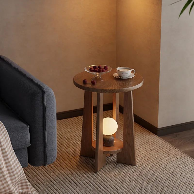 Vintage-style Coffee Table Small Apartments Modern Minimalist Double-layer Round Table Solid Wood Side Tables Living Room Sofa