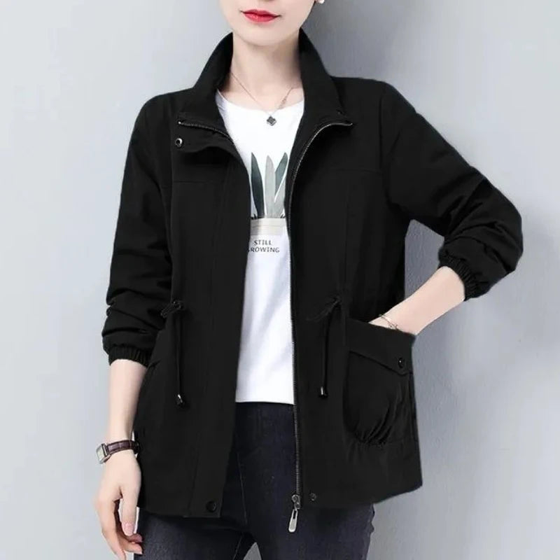 Double Layer Women Spring Autumn Korean Plus Size Lining Windbreaker Drawstring Waist Stand Collar Jacket Jackets for Women