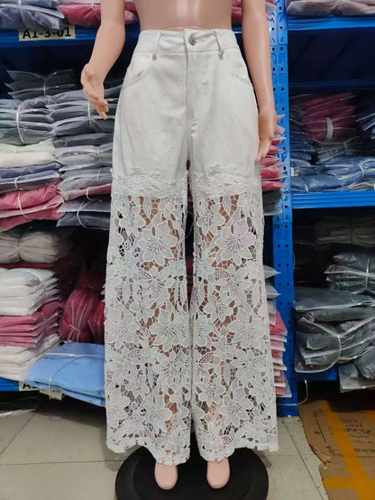 Careaymade-Lace Spliced Elegant Hollow Out Jeans Women New Temperament High Waist Straight Loose Denim Trousers Y2k Streetwear