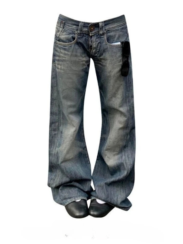 Deeptown Blue Vintage Y2k Women Jeans Wash Harajuku Low Waist Japanese 2000s Style Denim Pants Baggy American Streetwear Autumn