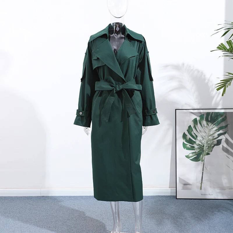 Chic Women's Long Trench Coat Stylish Stand Collar Belted Loose Windbreaker Outerwear Autumn New Dark Green Maxi Overcoat Outfit