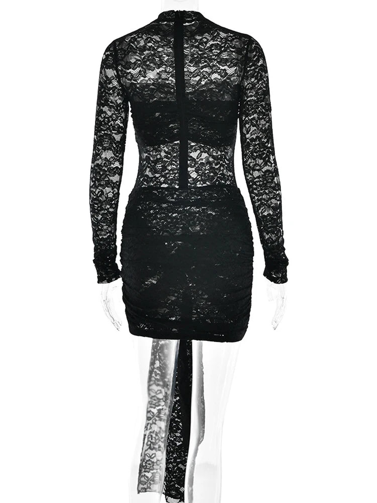 Beyprern Long Sleeve Hollow Out Sheer Lace Midnight Mini Dress Women See-Through Draped Tie-Front Overlay Club Dress Vestidos