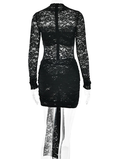Beyprern Long Sleeve Hollow Out Sheer Lace Midnight Mini Dress Women See-Through Draped Tie-Front Overlay Club Dress Vestidos