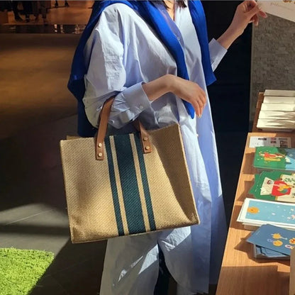 Women's Handbag Professional Commuter Stripe Simple Shoulder Large Bag Large Capacity Canvas Bag