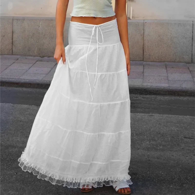 Women Long Skirts Tie-Up High Waist Layered Lace Hem Pleated Skirts Summer Fall Retro Fashion Casual Skirts