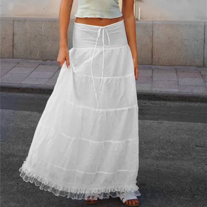 Women Long Skirts Tie-Up High Waist Layered Lace Hem Pleated Skirts Summer Fall Retro Fashion Casual Skirts