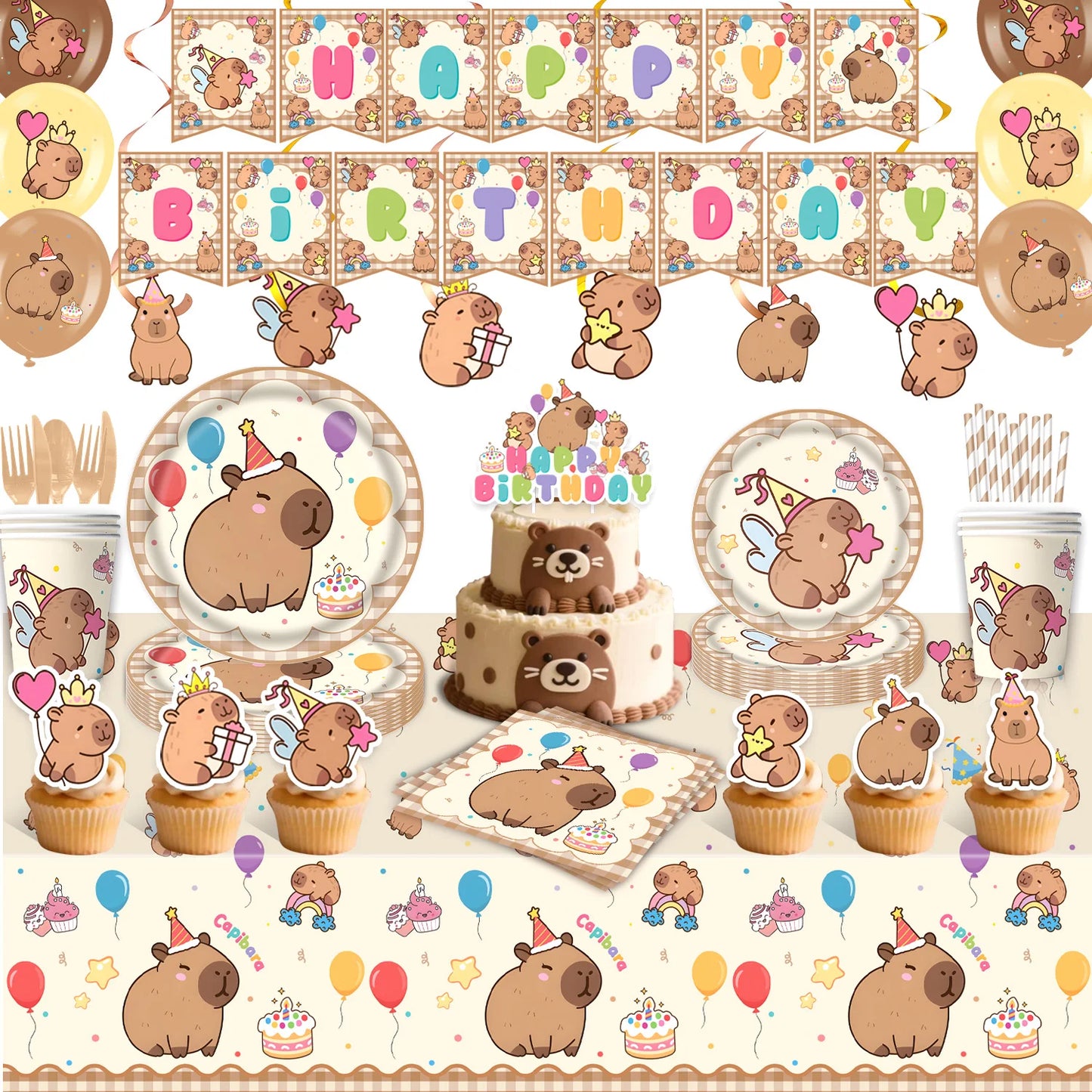 Cute Capybara Birthday Decorations Balloons Backdrop Tablecloth Stickers Cups Plates for Baby Shower Kids Event Party Supplies