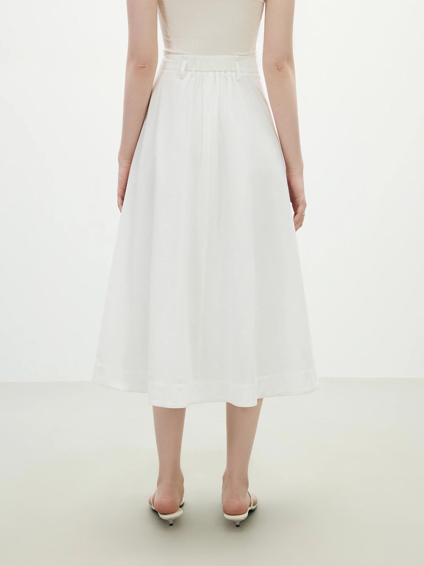 FSLE 2025 Summer French High Waist A-Line Skirt - Office Chic Ivory Midi with Adjustable Waist & Hidden Pockets 25FS12197
