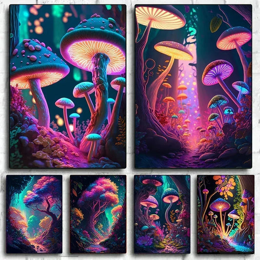 Canvas Painting Colored Wall Art Abstract Psychedelic Mushrooms Enchanted Forest Poster For Living Room Home Decor Cuadros