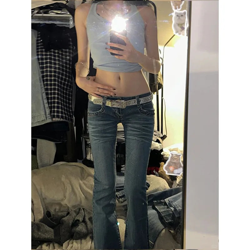 Vintage High Street Low-Waisted Jeans Women 2025 Summer All-Match Wide Leg Y2K Denim Trousers Female Sexy Slim Fit Flares Pants