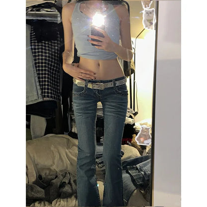 Vintage High Street Low-Waisted Jeans Women 2025 Summer All-Match Wide Leg Y2K Denim Trousers Female Sexy Slim Fit Flares Pants
