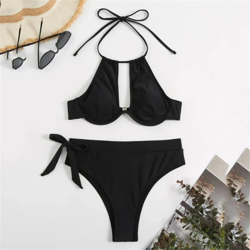 Brown High Waisted Bikini Set String Halter Swimwear Sexy Swimsuit Women Hollow Out Bathing Suit Push Up Bikinis 2026 Mujer