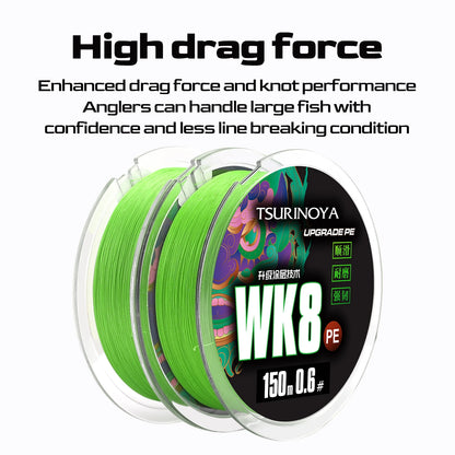 TSURINOYA 150M 8 Strand PE Fishing Line WK8 Long Casting 8 Weaves Braided Saltwater Smooth Multifilament Line 14-50LB Wire Carp