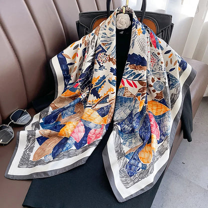 Twill Silk Scarf Women 90cm Square Hijab Shawls And Wraps Female Foulard Headkerchief Elegant Floral Summer Autumn Lady Bandana