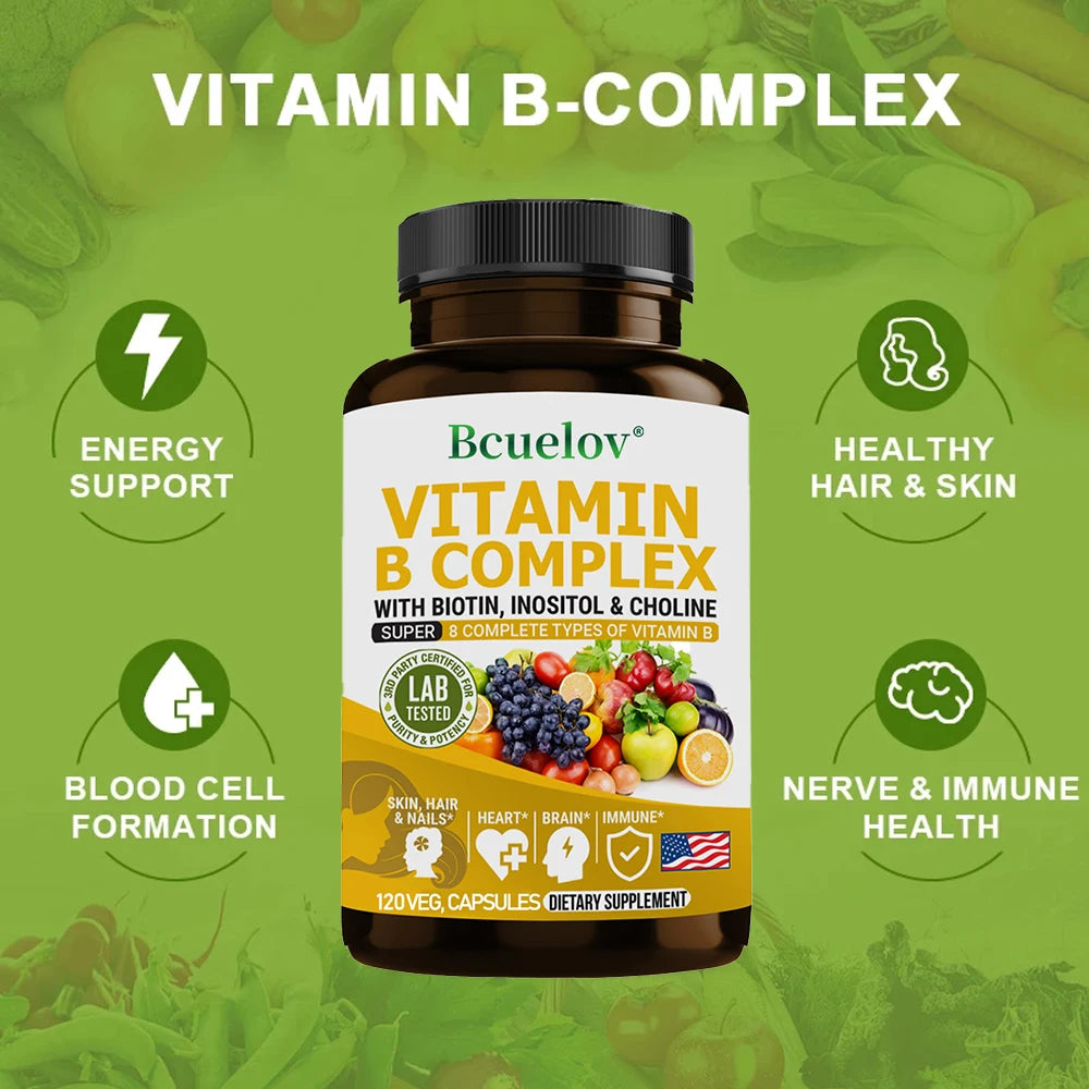 Vitamin B Complex - B1 B2 B3 B5 B6 B7 B9 B12 Biotin Choline Niacin - Brain, Skin, Hair, Nervous System, Immunity, Metabolism