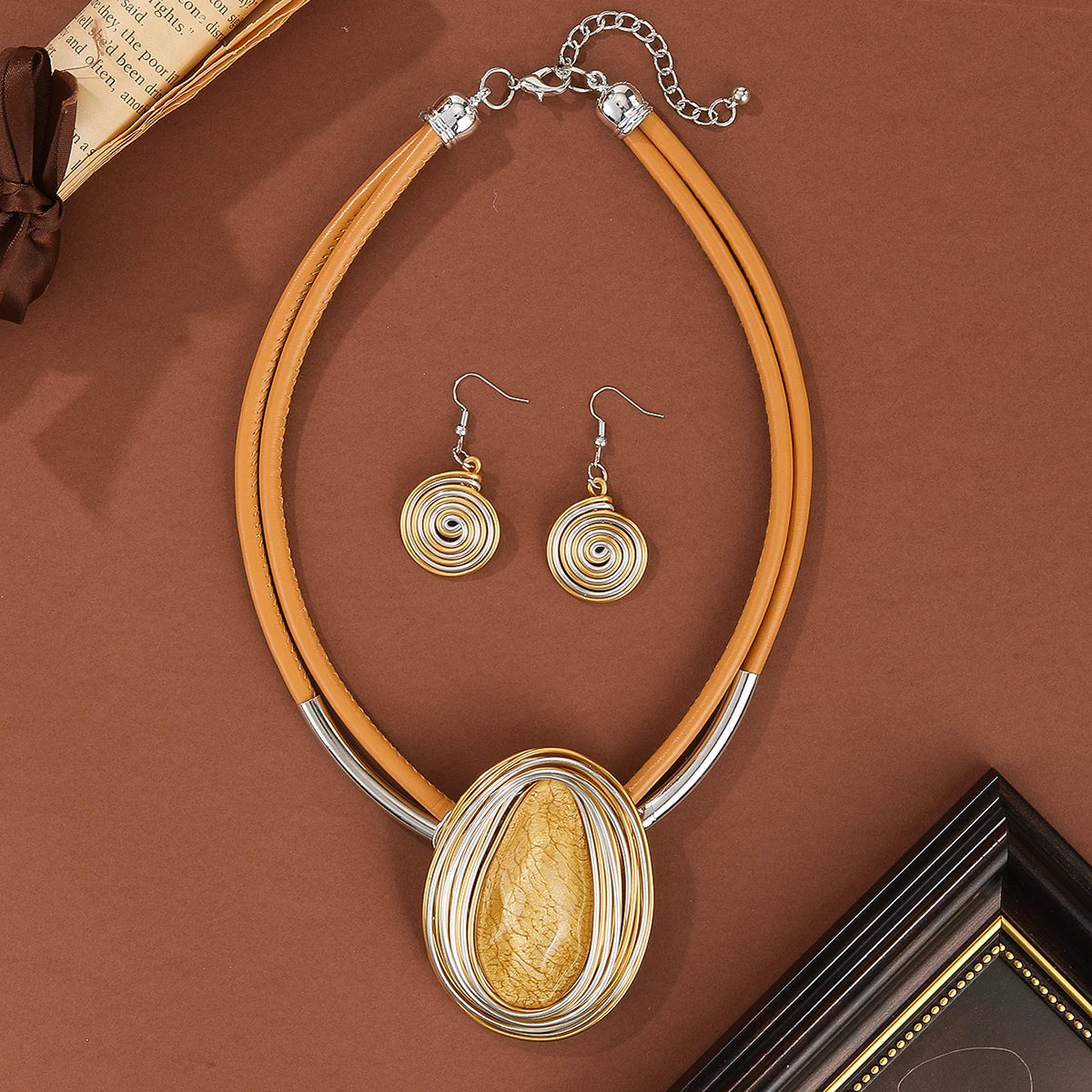 Trendy Fashion Resin Gems Aluminum Wire Woven Water Drop Pendant Necklace Earring Jewelry Set For Women Party Accessories