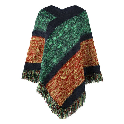 Autumn Winter Batwing Sleeve Rainbow Striped Poncho Women Fashion Sweater Cloak 2025 New Pullover Shawl Female Tassel Cape