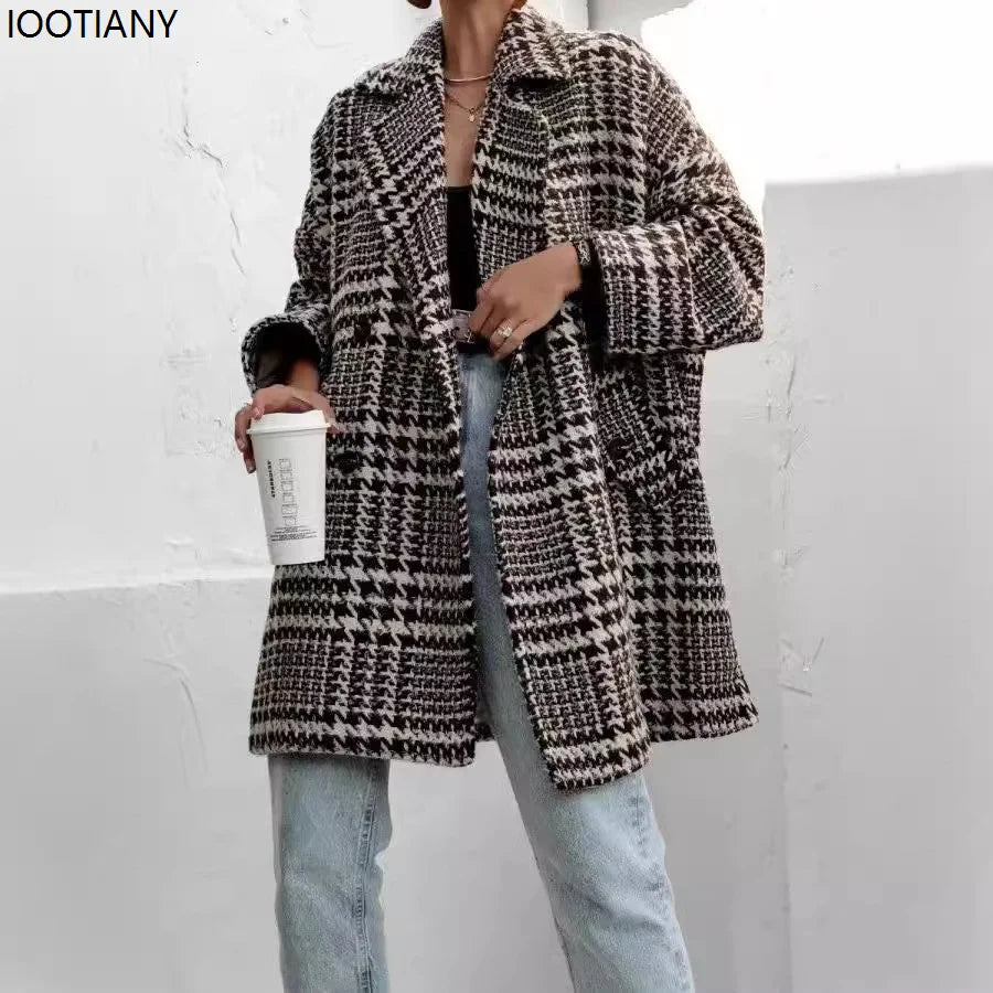 Autumn And Winter Thickened Loose Plaid Woolen Coat Women Houndstooth Pattern Overcoat Elegant Lapel Leisure Loose Jackets New