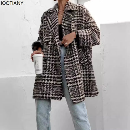 Autumn And Winter Thickened Loose Plaid Woolen Coat Women Houndstooth Pattern Overcoat Elegant Lapel Leisure Loose Jackets New
