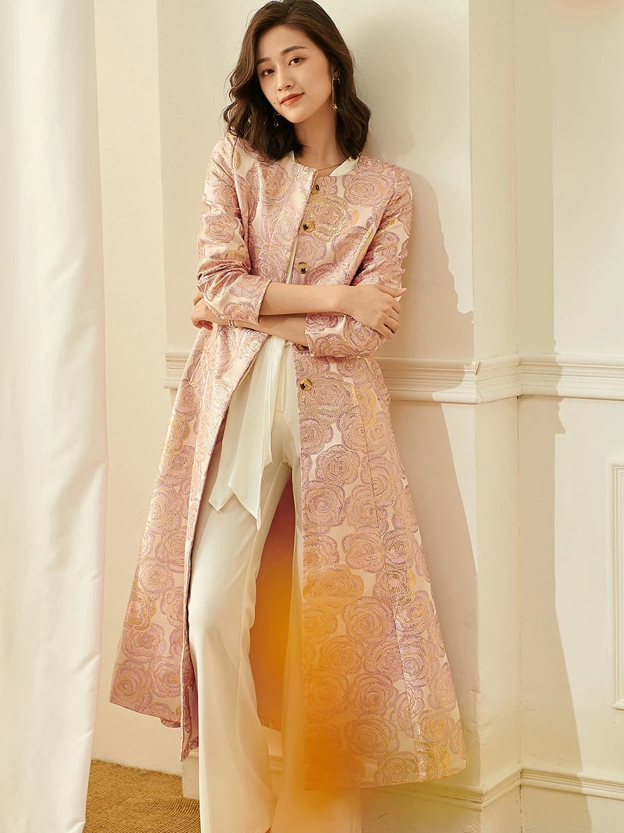 Luxury Women Long Trench Jacquard Coat Button Front Overcoat Fall Winter Floral Elegant Jackets Outerwear Party Outfit Clothes