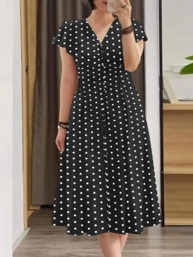 ZANZEA Elegant Women Midi Dresses 2024 Fashion Ruffle Sleeve Polka Dots A-line Vestidos Casual V Neck Commute Party Robes Femme