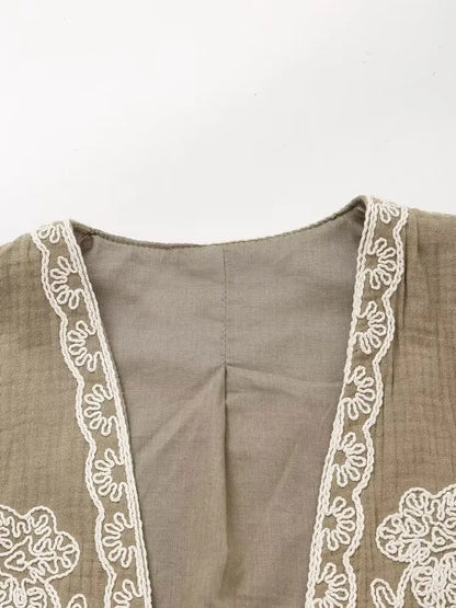 TELLHONEY Women Fashion V-Neck Embroidery Waistcoat Vest Tops Female Casual Vintage Sleeveless Outerwear Jacket