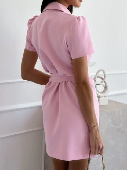 Women's Fashionable Casual Loose and Sweet Suit Dress Ladies Collar Double Breasted Bodycon Solid Color Dress