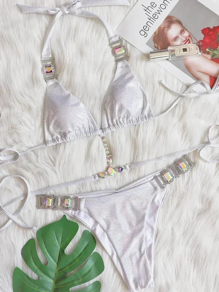 Halter Crystal Rhinestone Diamond Bikini 2025 Female Swimsuit Women Swimwear Two Pieces Bikini set Brazilian Bathing Suit Swim