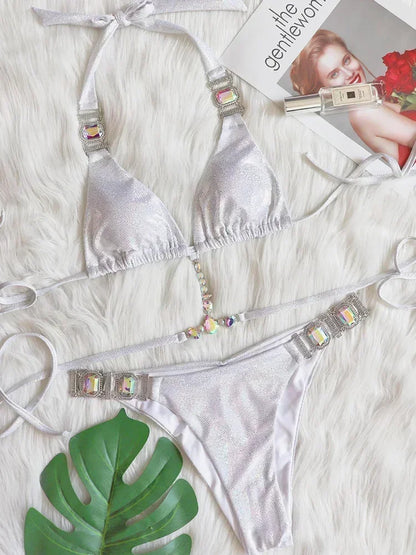 Halter Crystal Rhinestone Diamond Bikini 2025 Female Swimsuit Women Swimwear Two Pieces Bikini set Brazilian Bathing Suit Swim