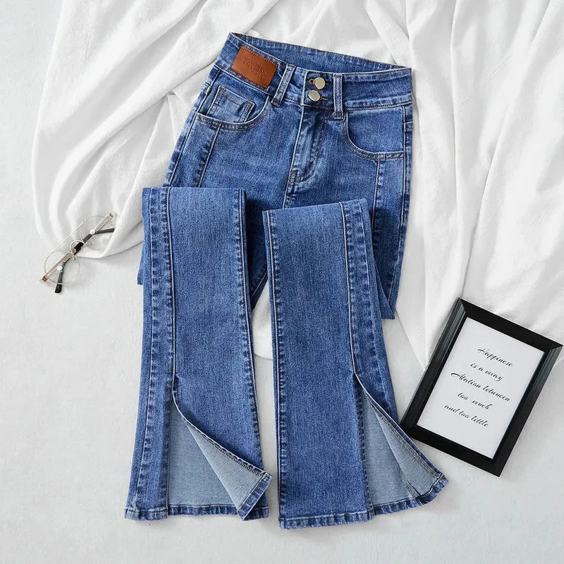 High-waist Stretch Split Flare Jeans Women Street Clothes Spring Summer 2025 New Slim Women Vintage Denim Trousers Casual Jeans