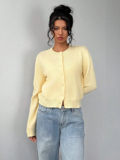 Women's Casual Solid Color Round Neck Long Sleeve Loose Cropped Top Single-breasted Sweater Cardigan Streetwear Autumn/Winter