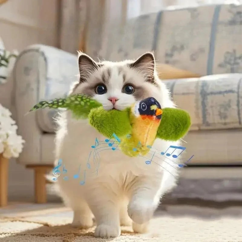 Wall‑Mounted Sound‑Activated Plush Bird Catnip Toy, Interactive Kitten Chasing Teaser, Indoor Pet Play Entertainment Accessory