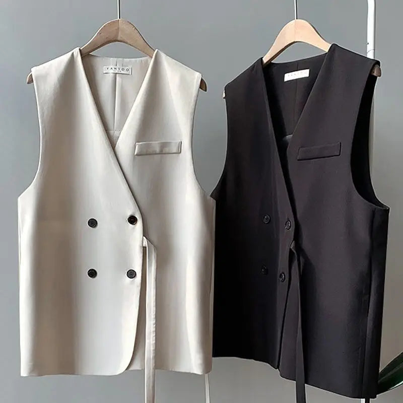 2024 Women Spring Autumn New Loose Suit Vest Jacket Female V-neck Sleeveless Coats Ladies Casual Double Breasted Waistcoat W681