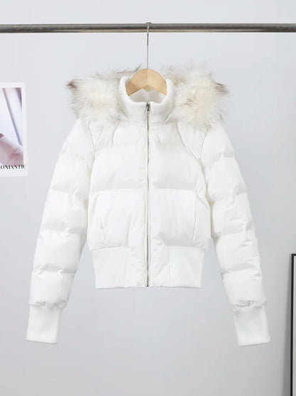 Fashion Faux Fur Hooded Quilted Coat For Women Casual Full Sleeve Zipper Pocket Cropped Jacket Lady 2025 Winter Street Outerwear