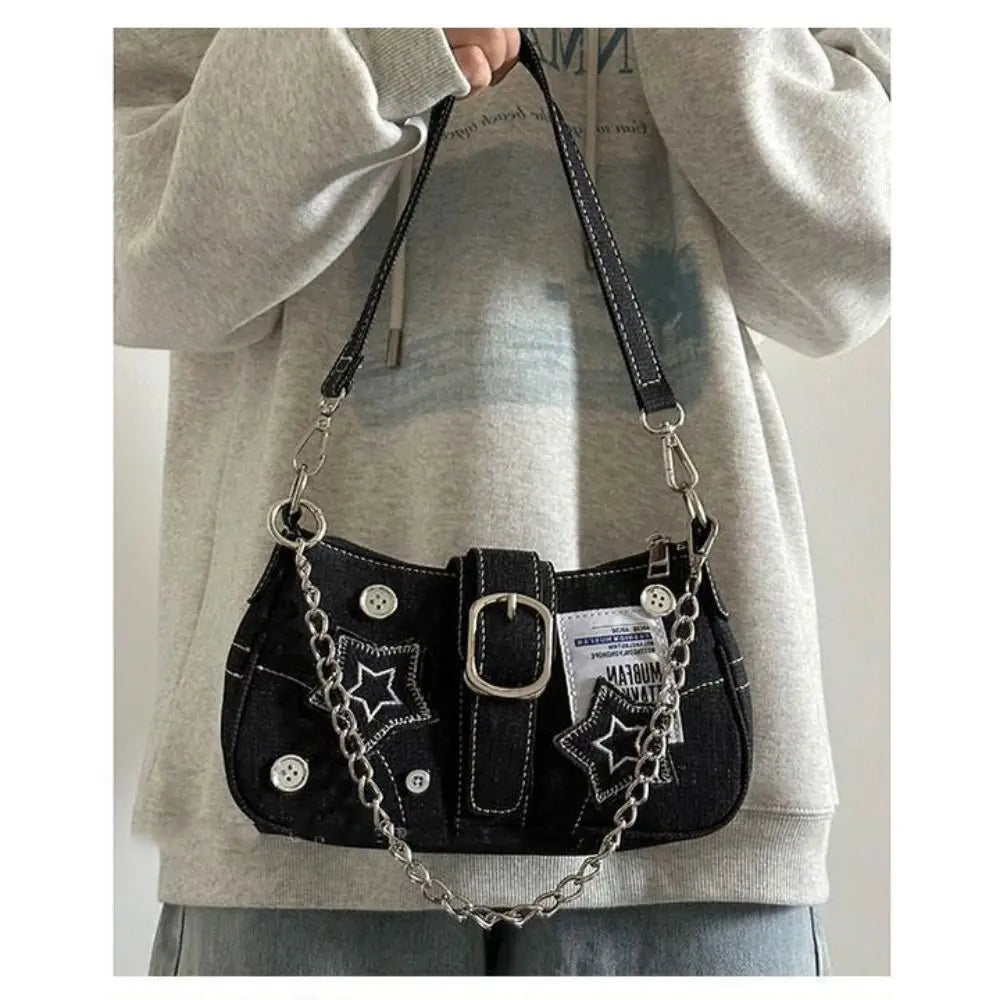 Fashion Women's Handbags Denim Stars Pattern Cool Girls Y2K  Underarm Bag Canvas Female Small Shoulder Bags Chain Tote Bag