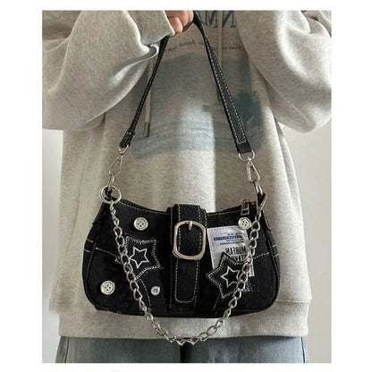 Fashion Women's Handbags Denim Stars Pattern Cool Girls Y2K  Underarm Bag Canvas Female Small Shoulder Bags Chain Tote Bag